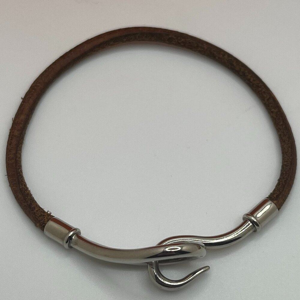 Men's Hermes Brown Leather & Palladium Jumbo H Bracelet - Picture 4 of 5